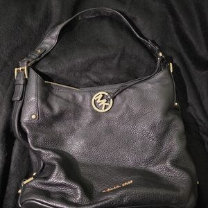 Michael Kors Black Leather Shoulder Bag with Gold Accents